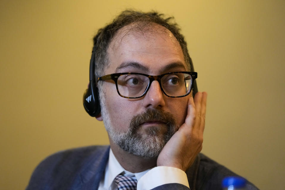 U.N. Special Rapporteur on the Right to Food Michael Fakhri gives a press conference in Caracas, Venezuela, Wednesday, Feb 14, 2024. (AP Photo/Ariana Cubillos)