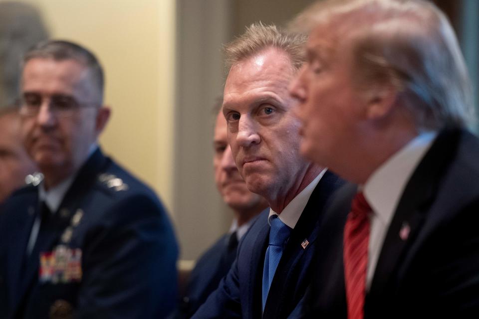 President Trump, right, is briefed by senior military leaders at the White House on April 3, including acting Secretary of Defense Patrick Shanahan, second from right. (Photo: Jim Watson/AFP/Getty Images)