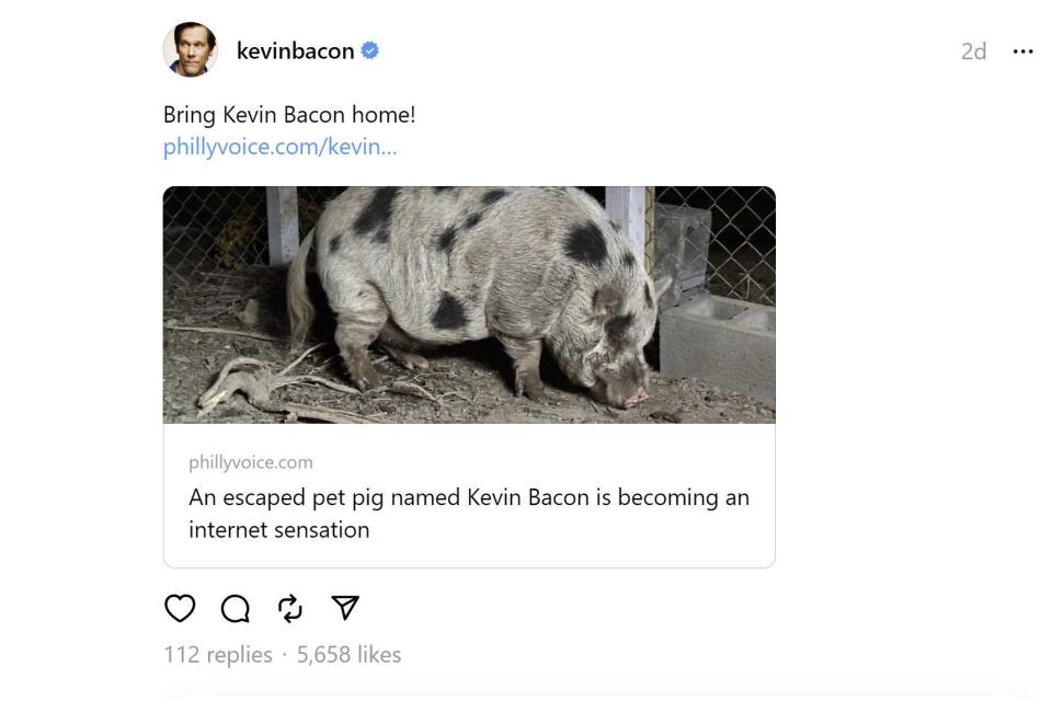 In a post on Threads, Kevin Bacon(the actor) shares a Kevin Bacon(the pig) story.