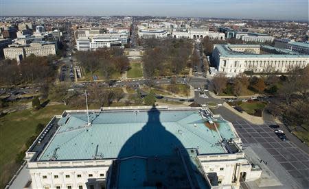 A view north from atop the U.S. Capitol dome shows the Russell Senate Office Building (R) and Union Station (2nd R) during a media tour of the dome on Capitol Hill in Washington, December 19, 2013. REUTERS/Douglas Graham/POOL