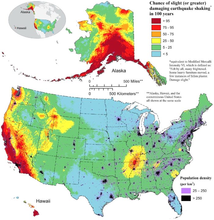 This map from the U.S. Geological Survey shows the chance of slight damaging shaking across all 50 states over the next century.