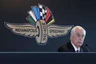 FILE - In this Monday, Nov. 4, 2019, file photo, Penske Corporation Chairman Roger Penske responds to a question about the sale of the Indianapolis Motor Speedway, IndyCar and related business from Hulman & Company to Penske Corporation, at a news conference in Indianapolis. Penske this week celebrated the crowning achievement of a career so rich in America’s fabric that he last month received the Presidential Medal of Freedom by buying iconic Indianapolis Motor Speedway. On Sunday he will watch two of his drivers try to make NASCAR’s championship race. (AP Photo/AJ Mast, File)
