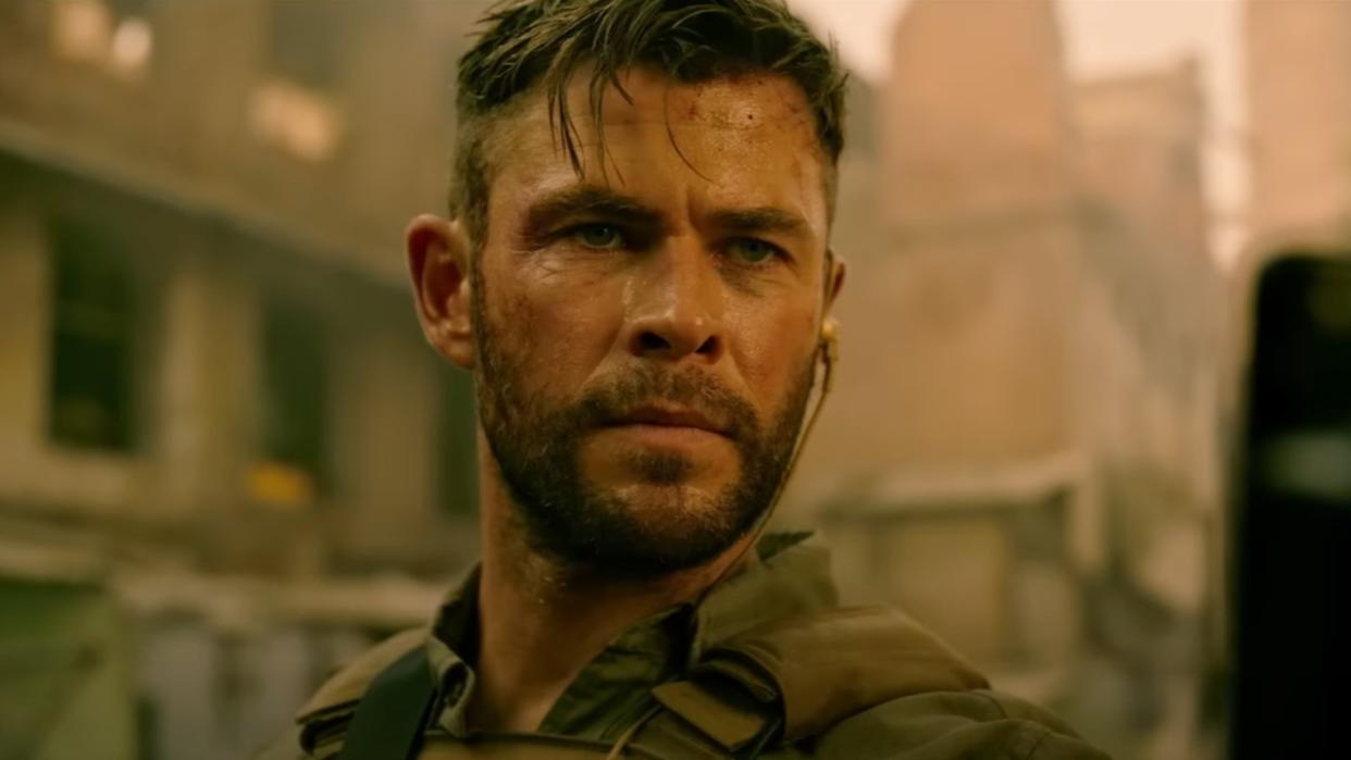  A close up of Chris Hemsworth looking sweaty in Extraction. 