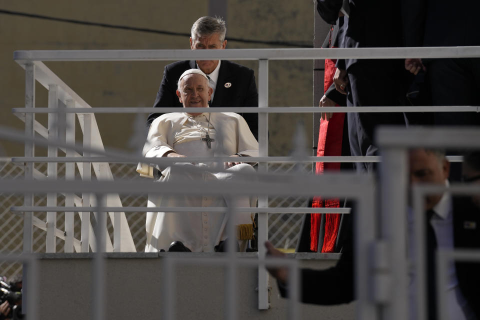 Pope Francis leaves after a meeting with charity workers and the inauguration of the House of Mercy in Ulaanbaatar, Monday, Sept. 4, 2023. Francis toured the House of Mercy in the final event of an historic four-day visit to a region where the Holy See has long sought to make inroads. (AP Photo/Ng Han Guan)