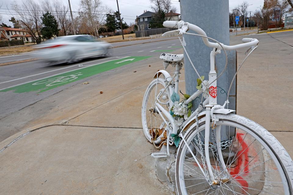 A ghost bike memorial was placed at the corner of Classen Boulevard and NW 16 after the death of cyclist Chad Epley in 2019. Engineers at the time balked at adding bike lanes along the stretch, but later reversed course.