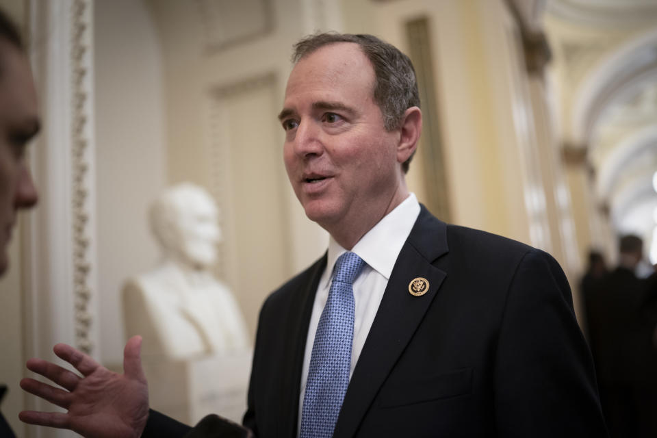 FILE - In this Tuesday, March 3, 2020, file photo, House Intelligence Committee Chairman Adam Schiff, D-Calif., talks to reporters as lawmakers work to extend government surveillance powers that are expiring soon, on Capitol Hill in Washington. House Speaker Nancy Pelosi and other top Democrats called for an investigation on Thursday, June 10, 2021, after The New York Times reported that the Justice Department under President Donald Trump seized the communications data of members of the House Intelligence Committee, including those of Schiff. (AP Photo/J. Scott Applewhite, File)