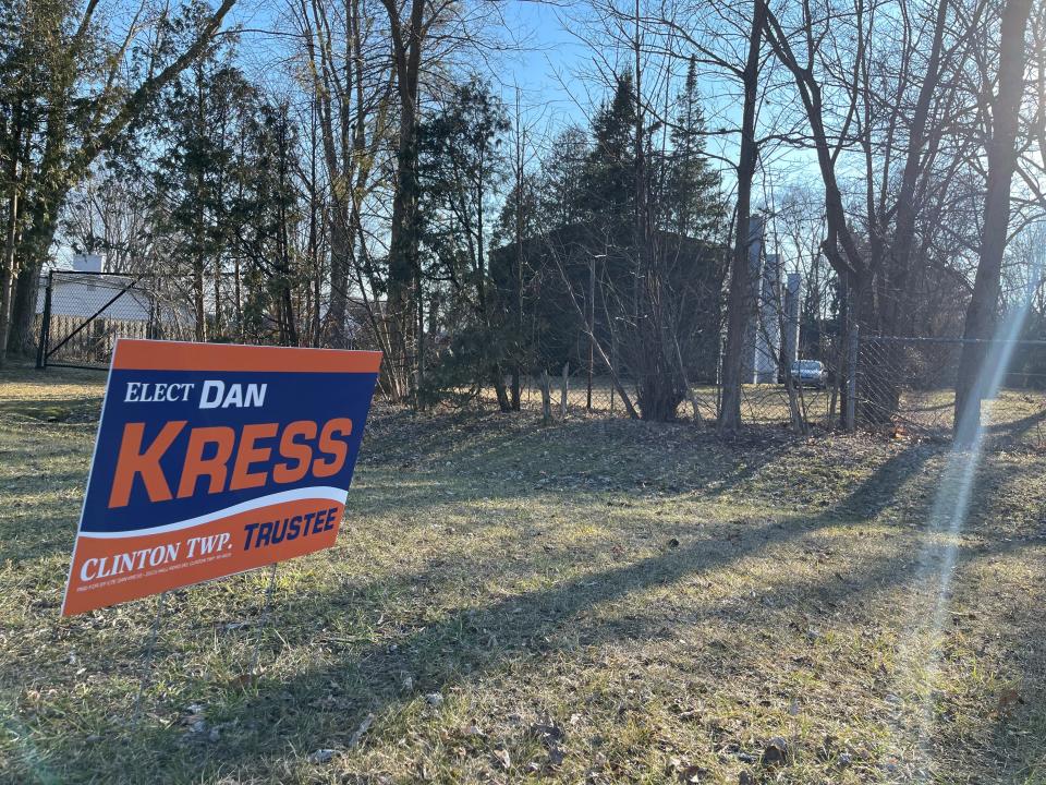 A campaign sign for Dan Kress is seen in front of a building he owns that is the subject of a dispute between Kress and township officials