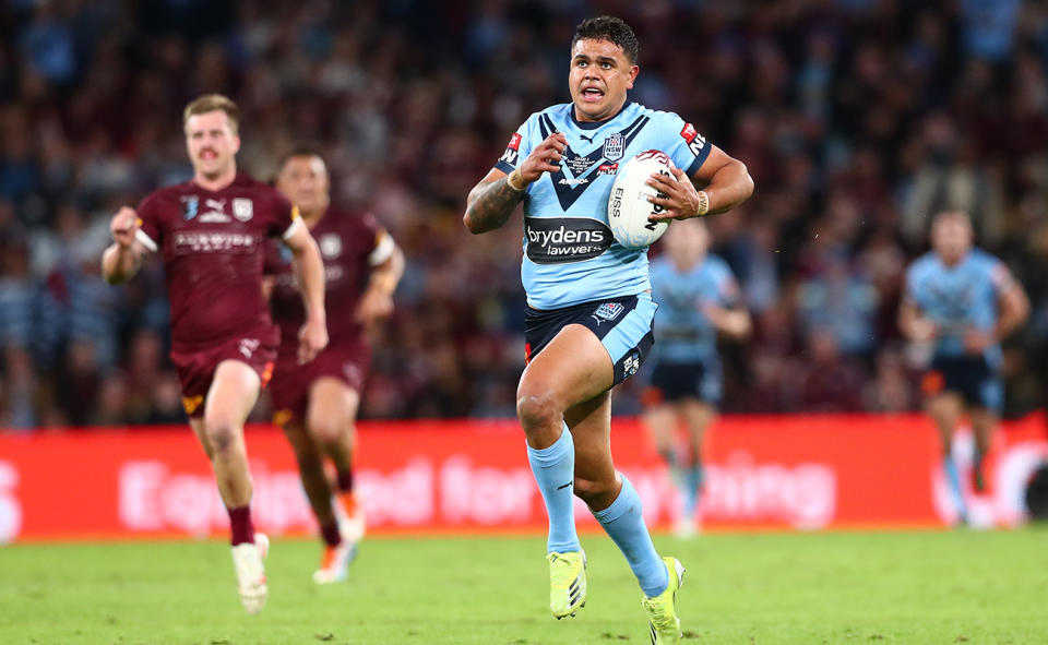 Latrell Mitchell, pictured here in action for NSW in the State of Origin series in 2021.