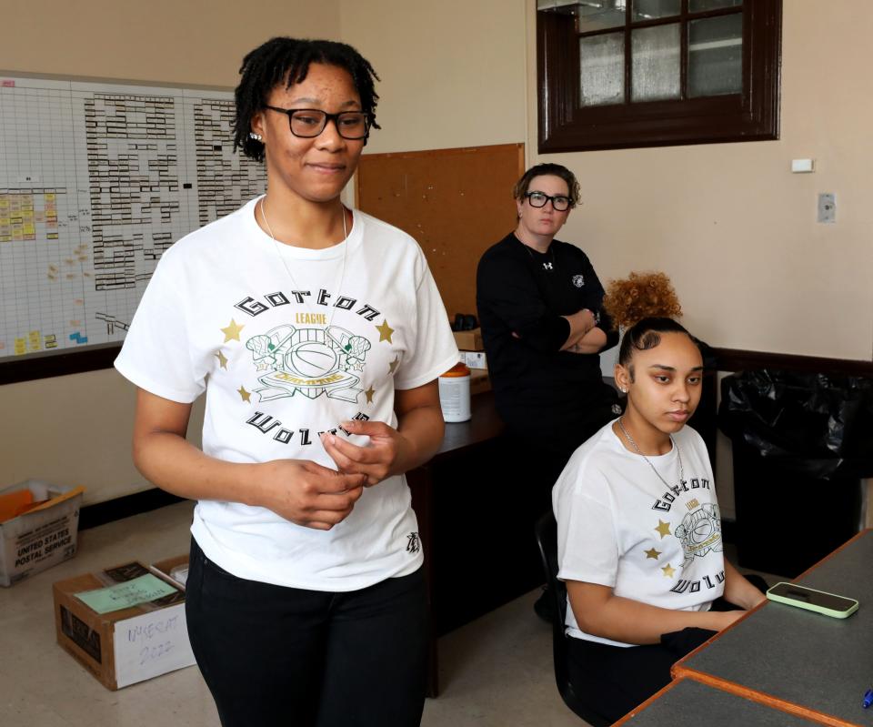 Gorton High School girls basketball captain Asia Kirkpatrick, left, talks about their season, at their school in Yonkers, Feb. 9, 2024. Pictured with her are coach Dawn Myers and player Miayah Escobar.