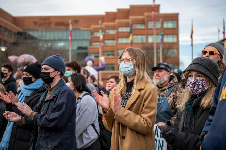 Hundreds gather to see Sen. Bernie Sanders on Friday, Dec. 17, 2021, at a rally to support striking workers outside Kellogg Co. World Headquarters in Battle Creek, Michigan.