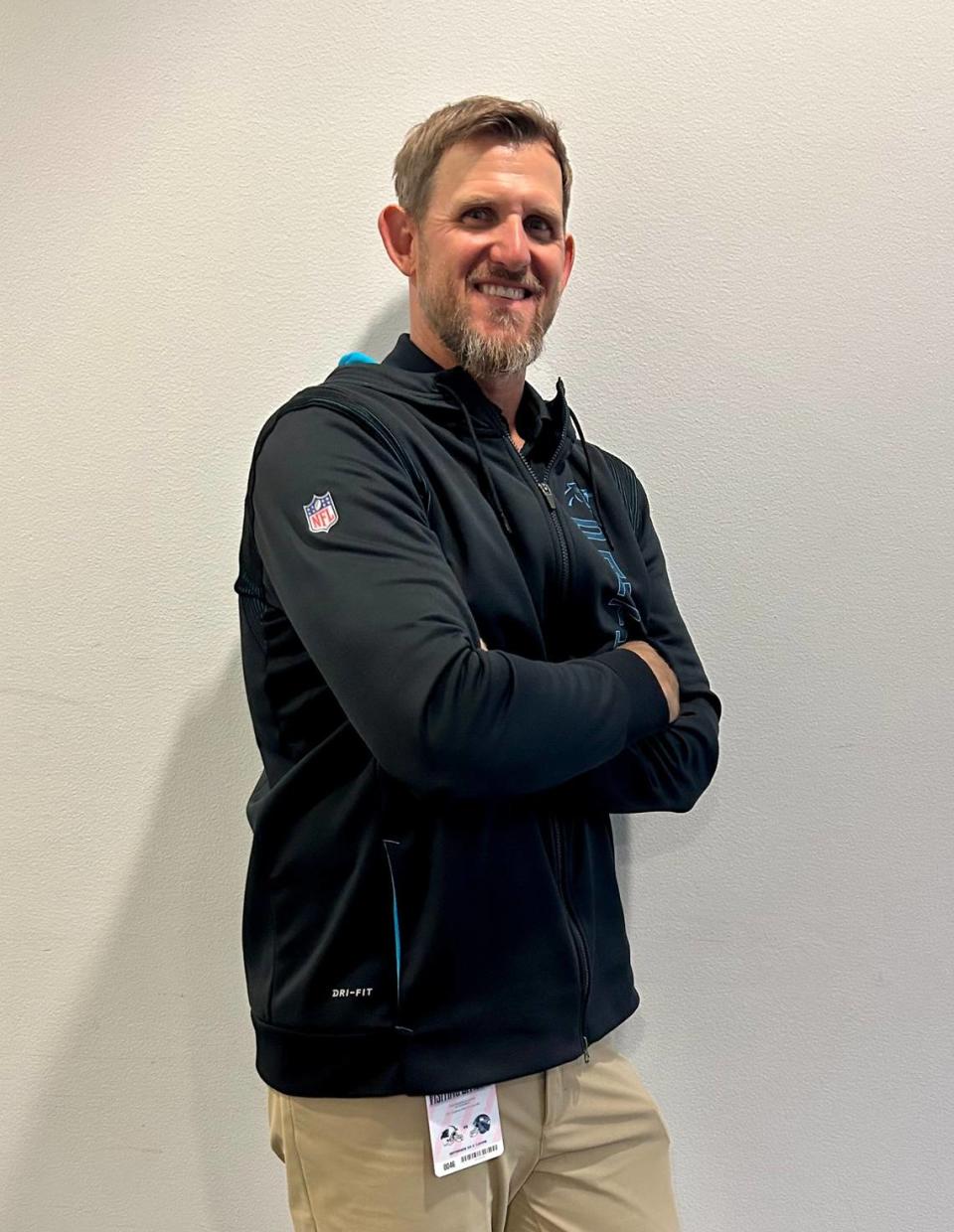 Jordan Gross, a former Pro Bowl offensive tackle for the Carolina Panthers, now is head coach of his former high school team in rural Idaho -- the Fruitland Grizzlies. He was photographed on Sept. 24, 2023, in Seattle.