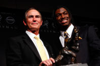 NEW YORK, NY - DECEMBER 10: (L-R) Coach Art Briles and Robert Griffin III of the Baylor Bears poses with the trophy after being named the 77th Heisman Memorial Trophy Award winner during a press conference at The New York Marriott Marquis on December 10, 2011 in New York City. (Photo by Jeff Zelevansky/Getty Images)