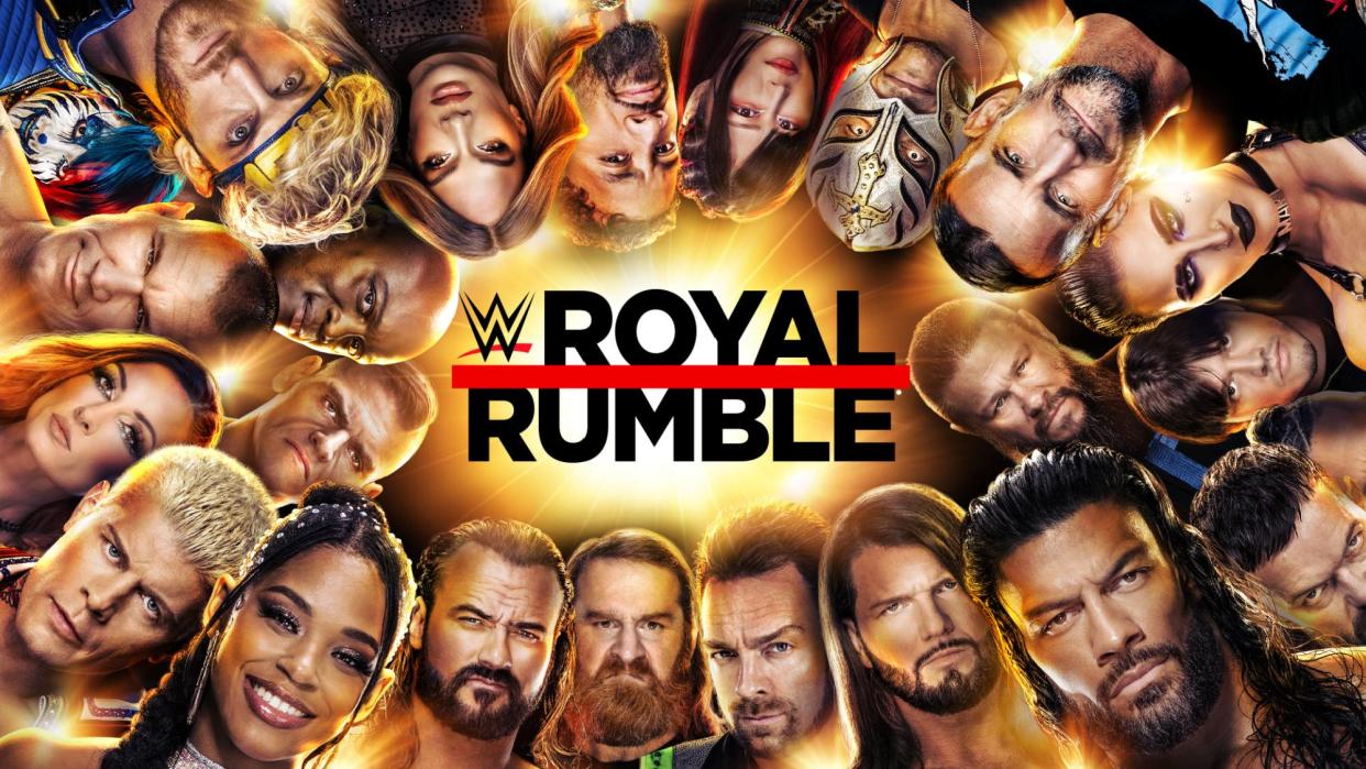 WWE Royal Rumble 2024 show art with images of WWE super stars. 