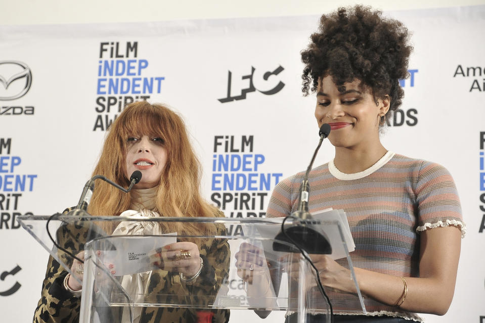 Natasha Lyonne, left, and Zazie Beetz announce the nominees for the 35th Film Independent Spirit Awards at the LINE Hotel on Thursday, Nov. 21, 2019, in Los Angeles. (Photo by Richard Shotwell/Invision/AP)