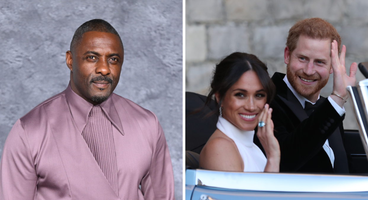 A split picture of Idris Elba and Meghan Markle and Prince Harry in 2018. (Getty Images)