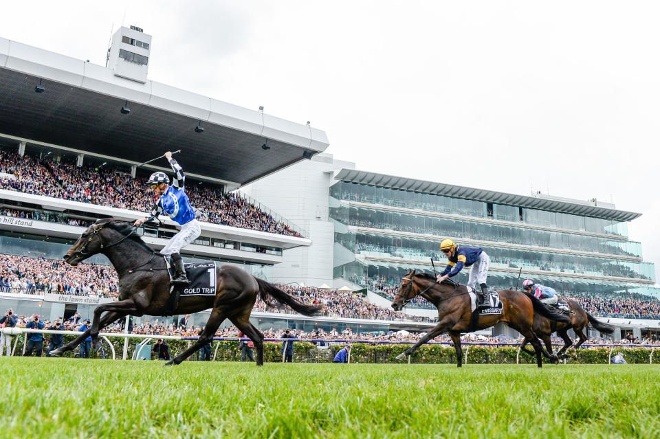 Gold Trip (FR) ridden by Mark Zahra wins the Lexus Melbourne Cup at Flemington Racecourse on November 01, 2022 in Flemington, Australia. (Photo by Brett Holburt/Racing Photos via Getty Images)