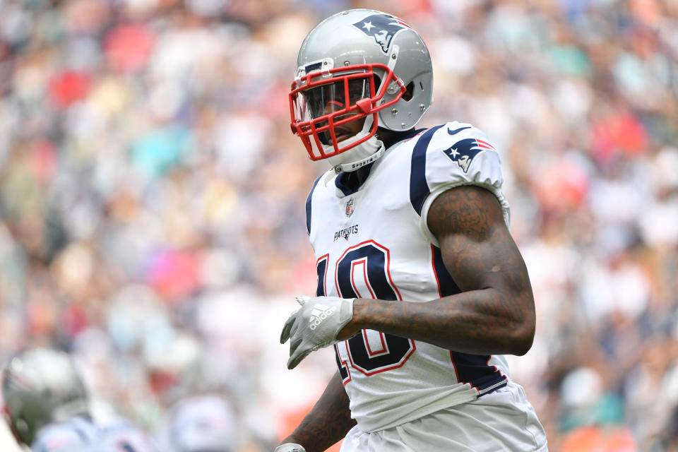 MIAMI, FL - DECEMBER 09: Josh Gordon #10 of the New England Patriots warms up before the game against the Miami Dolphins at Hard Rock Stadium on December 9, 2018 in Miami, Florida. (Photo by Mark Brown/Getty Images)