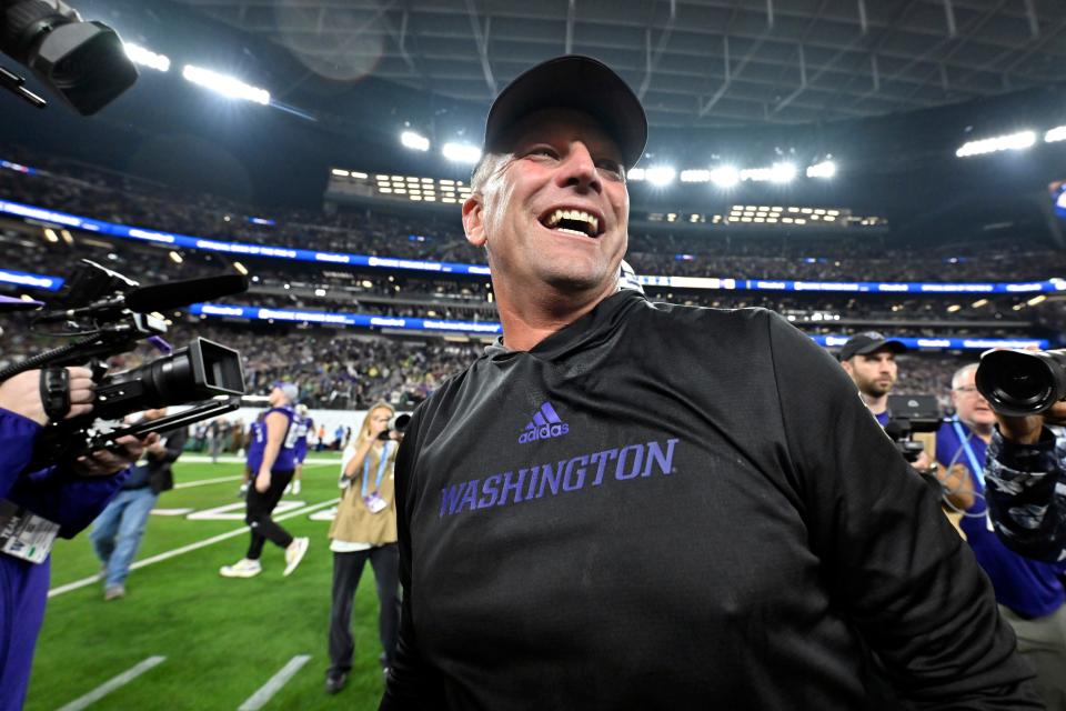 Washington coach Kalen DeBoer smiles after the team's victory over Oregon in the Pac-12 championship NCAA college football game, Dec. 1, 2023, in Las Vegas. DeBoer has made a rapid rise through the coaching ranks. He won three NAIA national championships as head coach at the University of Sioux Falls from 2005-09 and had five coaching stops in 12 years before landing at Washington.