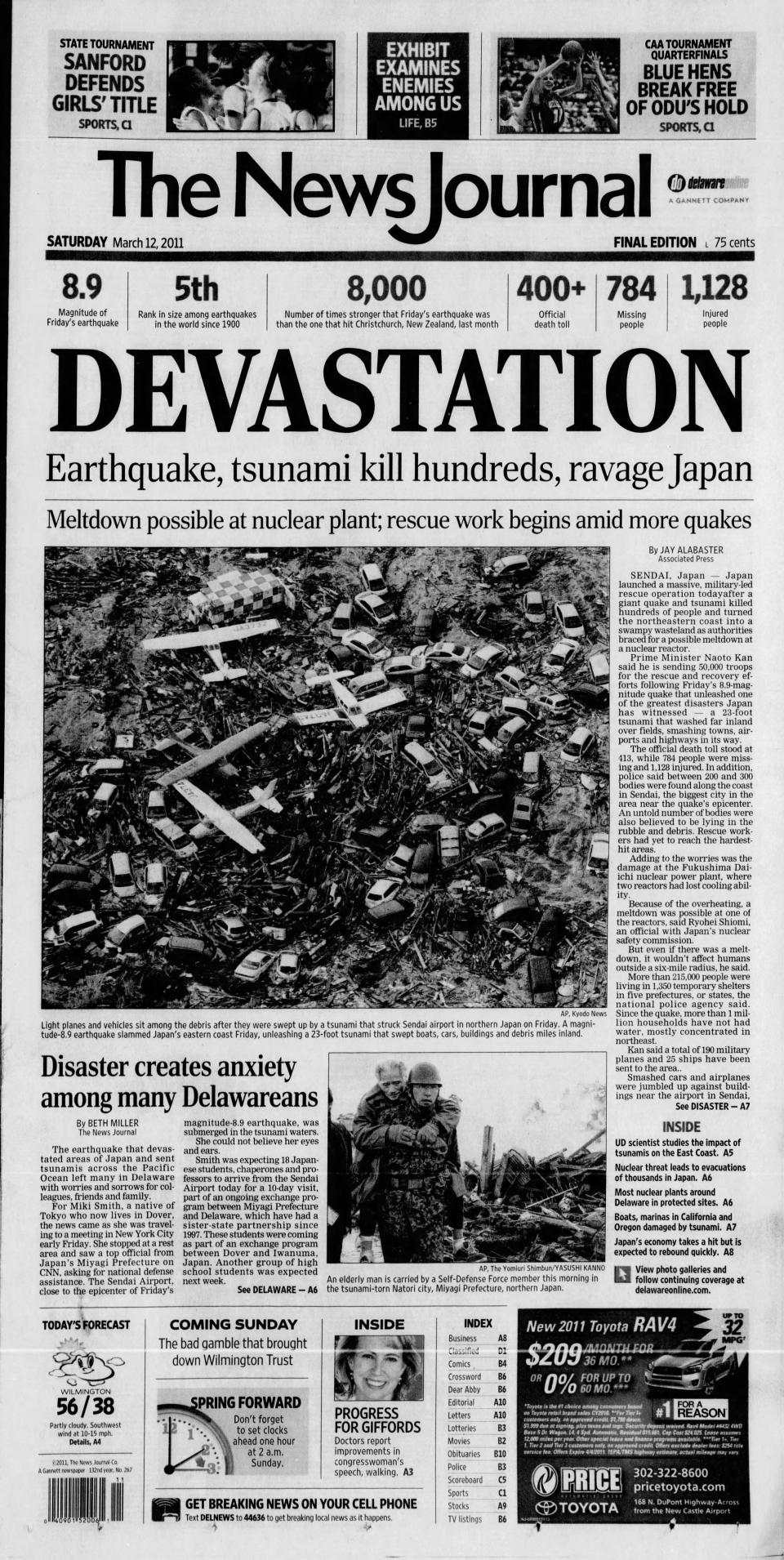 Front page of The News Journal from March 12, 2011.