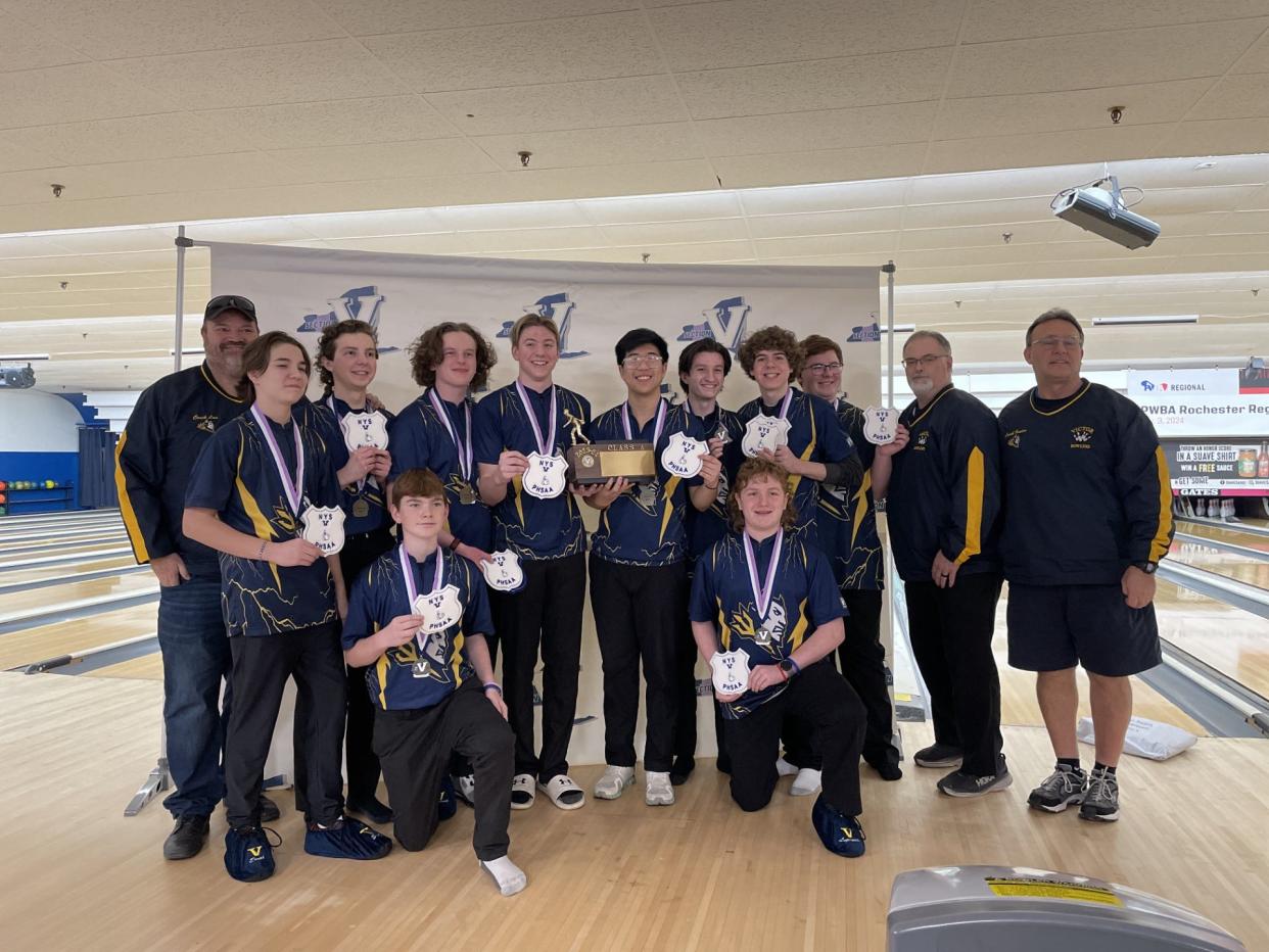 Victor won the Section V Class A bowling championship Friday, Feb. 16 at ABC Gates Bowl. The Blue Devils bowlers are: Lorenzo Amadio, Carter Ortega, Toby Prescott, Adam Wakelee, Tim Doan, Ian Bass, Dalen Woodhouse, Adrian Spencer, Donovan Lupinetti and Kaydon Ernst.
