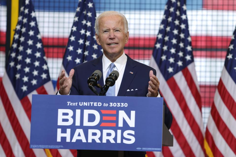 Democratic presidential nominee Joe Biden speaks during a campaign event at Mill 19 in Pittsburgh on August 31, 2020. Biden criticized President Trump’s response to protests in Kenosha, Wisconsin and Portland, Oregon.