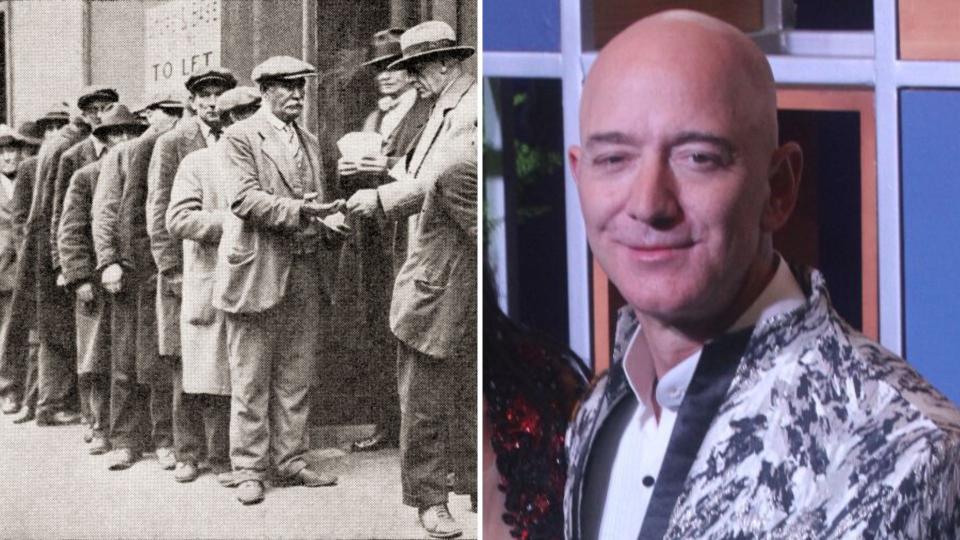 Long Depression-era unemployment queue on the left and Amazon founder Jeff Bezos on the right.