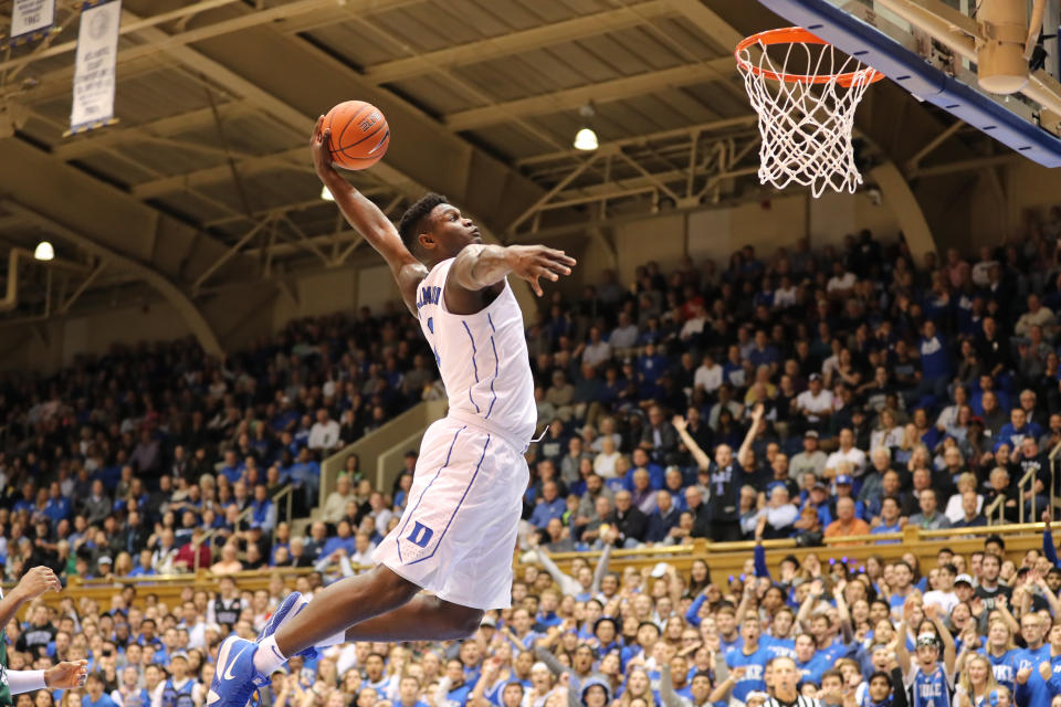 Duke Blue Devils forward Zion Williamson goes for the dunk during versus the Eastern Michigan Eagles on Nov. 14, 2018, at Cameron Indoor Stadium (Getty Images)