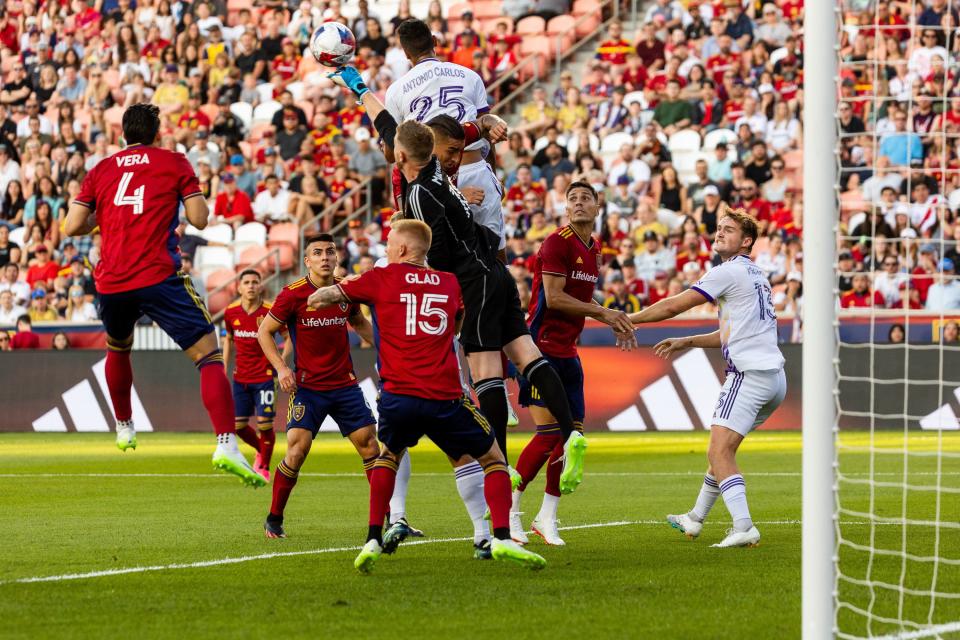 Real Salt Lake goalie Zac MacMath hits the ball out of the goal area at the America First Field in Sandy on Saturday, July 8, 2023. | Megan Nielsen, Deseret News
