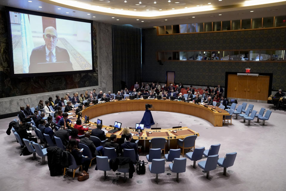 Ignazio Cassis, Federal Councillor for Foreign Affairs of Switzerland and current president of the United Nations Security Council, presides over a meeting of the council, Wednesday, May 3, 2023, at United Nations headquarters. (AP Photo/John Minchillo)