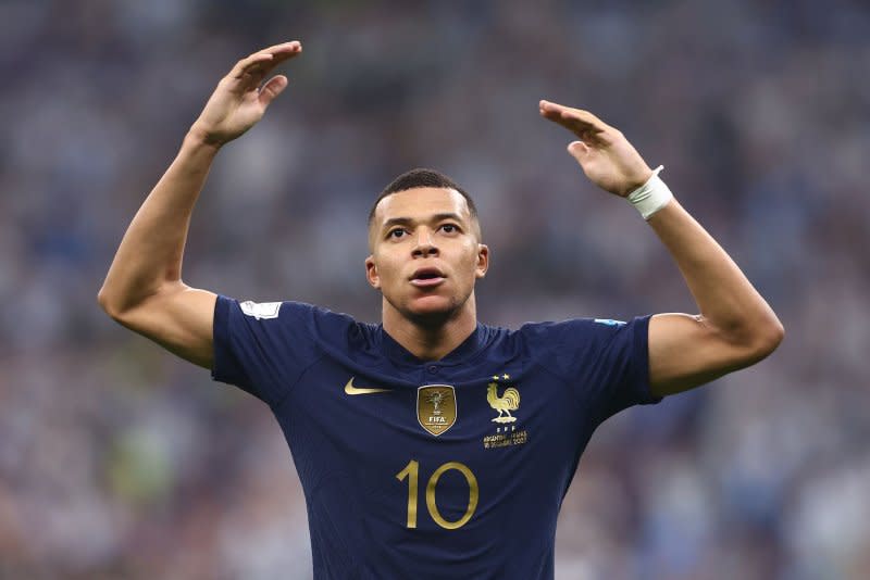 Kylian Mbappe of France celebrates scoring his team's second goal during the 2022 FIFA World Cup Final at Lusail Stadium in Lusail City, Qatar in 2022. The final game of the 2026 World Cup will be played at MetLife Stadium in New Jersey, FIFA announced Sunday. Photo by Chris Brunskill/UPI