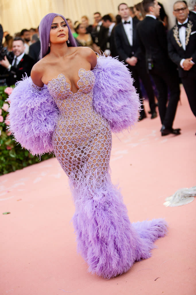 Kylie Jenner at the 2019 Met Gala, red carpet, Tiffany & Co, Versace, Camp: Notes on Fashion, purple feathered dress