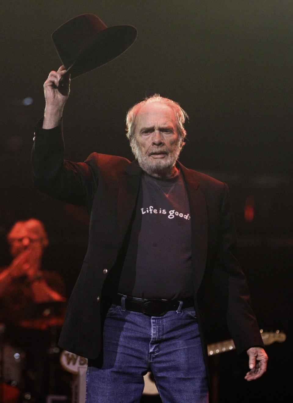 Merle Haggard acknowledges an ovation as he takes the stage during the All for the Hall concert on Tuesday, April 10, 2012, in Nashville, Tenn. The concert is a benefit for the Country Music Hall of Fame and Museum. (AP Photo/Mark Humphrey)