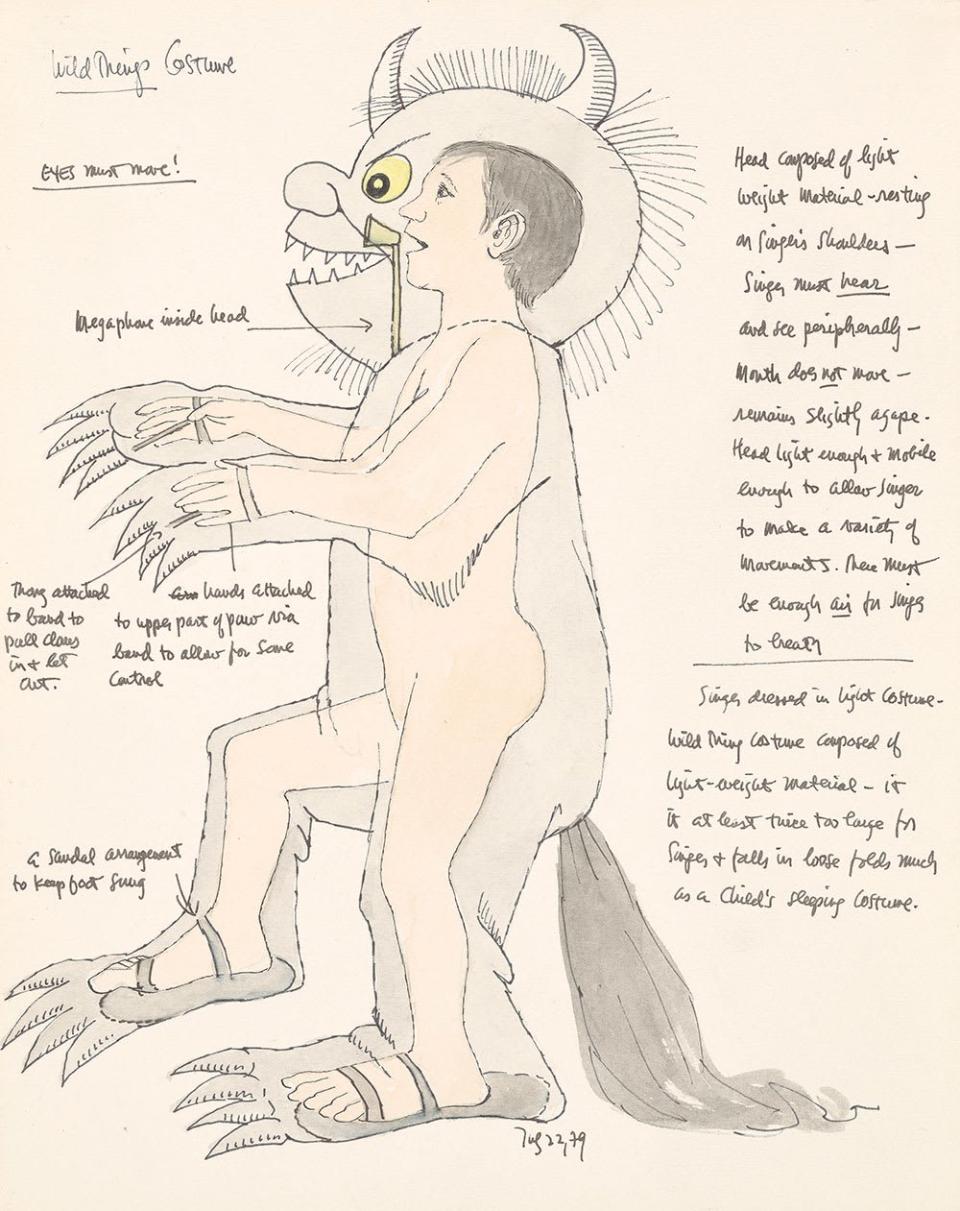 <div class="inline-image__caption"><p>Study for Wild Thingscostume, with notes (Where the Wild Things Are), 1979,watercolor, pen and ink, and graphite pencil on paper.</p></div> <div class="inline-image__credit">The Morgan Library & Museum</div>