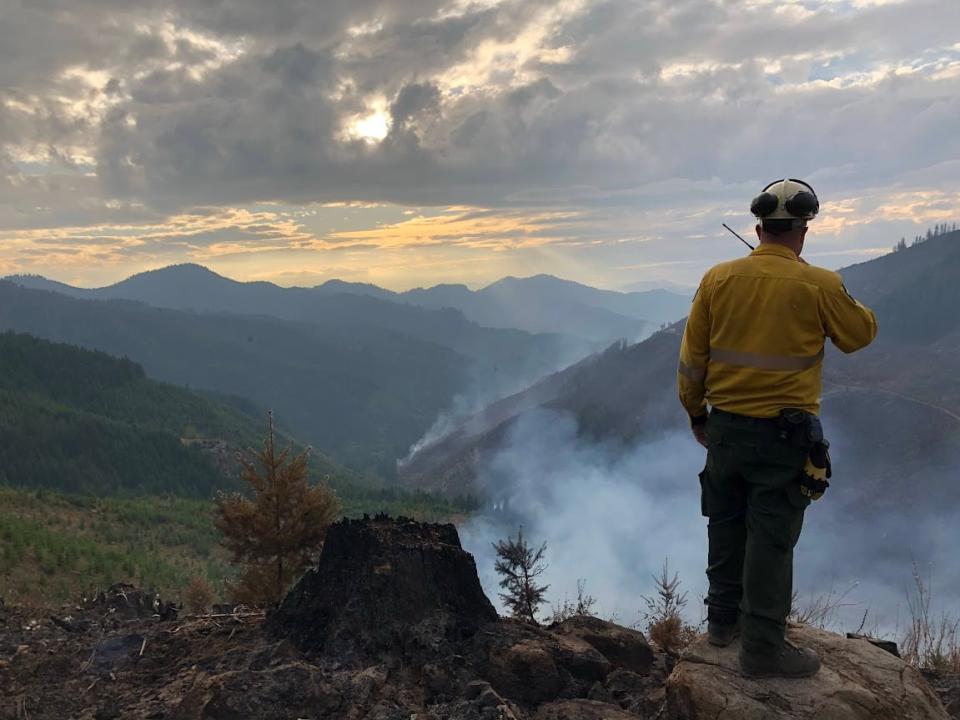 A firefighter stands atop a hill, looking out over a smoky sky. 