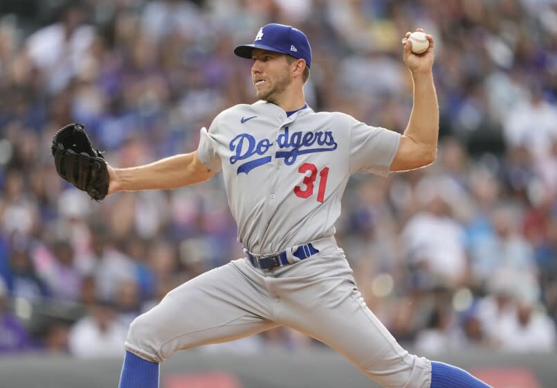 Dodgers starting pitcher Tyler Anderson works against the Rockies on June 27