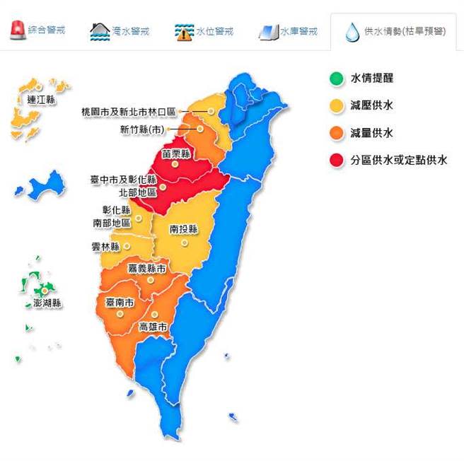 新竹、嘉義、台南、高雄等4縣市目前是減量供水，若再不下雨，這4縣市恐怕也要供5停2。(翻攝自 水利署網站)