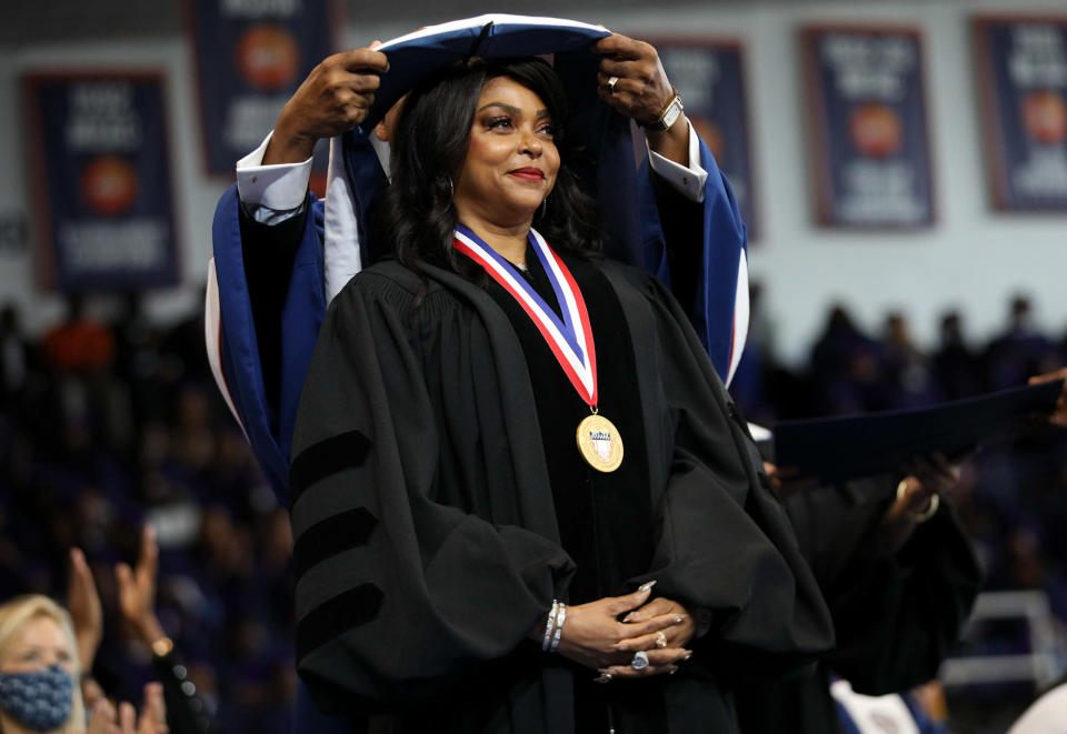 <p>Taraji P. Henson receives an honorary degree during Howard University's 2022 Commencement in Washington, D.C., on May 7.</p>