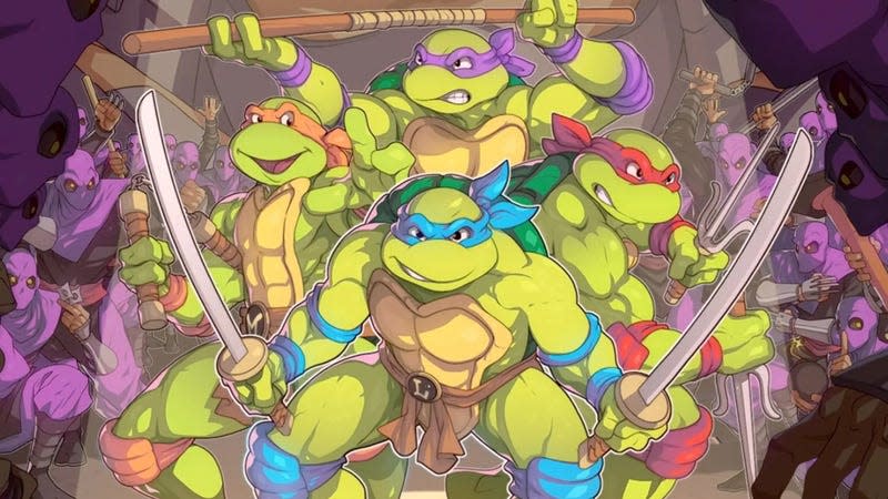 The four ninja turtles stand together as a group, ready to fight nearby enemies. 