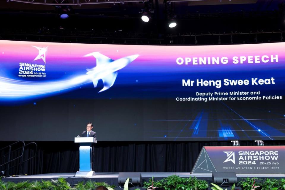 <span>新加坡副總理王瑞杰在2024新加坡航空展上發表開幕致詞。</span><span>（圖／X@SGAirshow）</span>