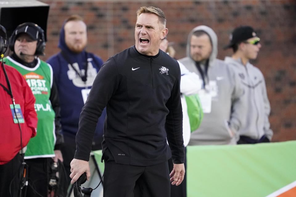 Utah State coach Blake Anderson yells on the sideline during the First Responder Bowl against Memphis, Tuesday, Dec. 27, 2022, in Dallas. If the Aggies are to reach a bowl game this season, they will need a victory over New Mexico on Friday afternoon. | Sam Hodde, Associated Press