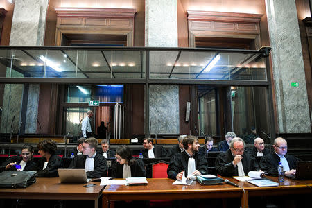 Lawyers wait for the start of the trial of Mehdi Nemmouche and Nacer Bendrer, who are suspected of killing four people in a shooting at Brussels' Jewish Museum in 2014, at Brussels' Palace of Justice, Belgium January 15, 2019. Frederic Sierakowski/Pool via REUTERS