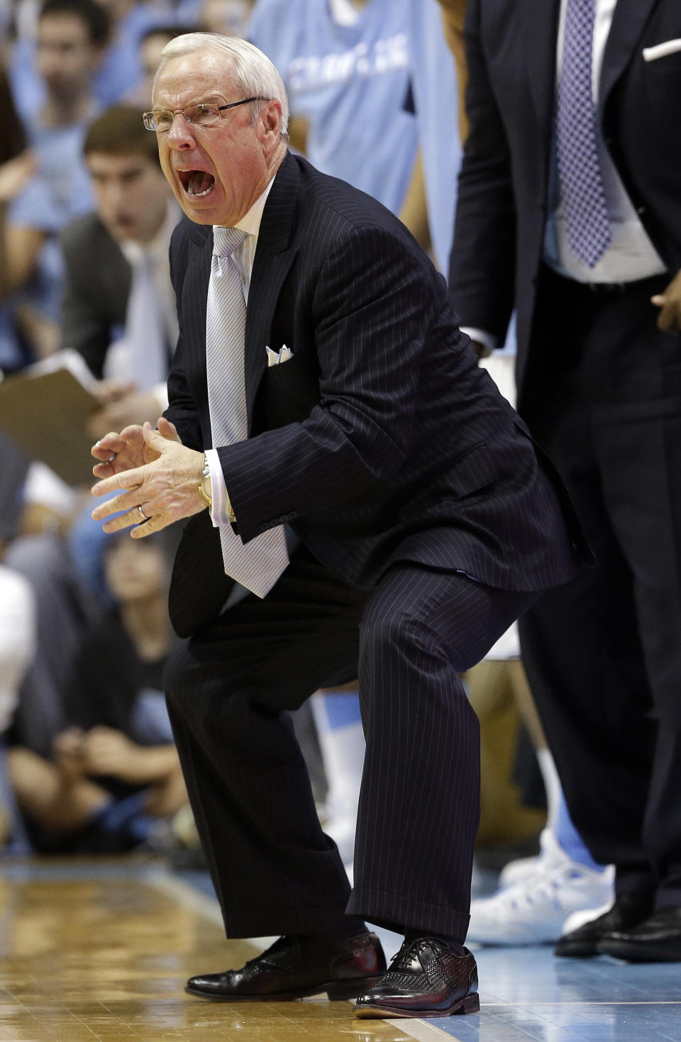North Carolina coach Roy Williams yells during the second half of North Carolina's NCAA college basketball game against Duke in Chapel Hill, N.C., Thursday, Feb. 20, 2014. North Carolina won 74-66. (AP Photo/Gerry Broome)