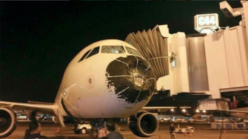 The nose of the plane was also caved in by the hail. Source: Twitter/JacDec