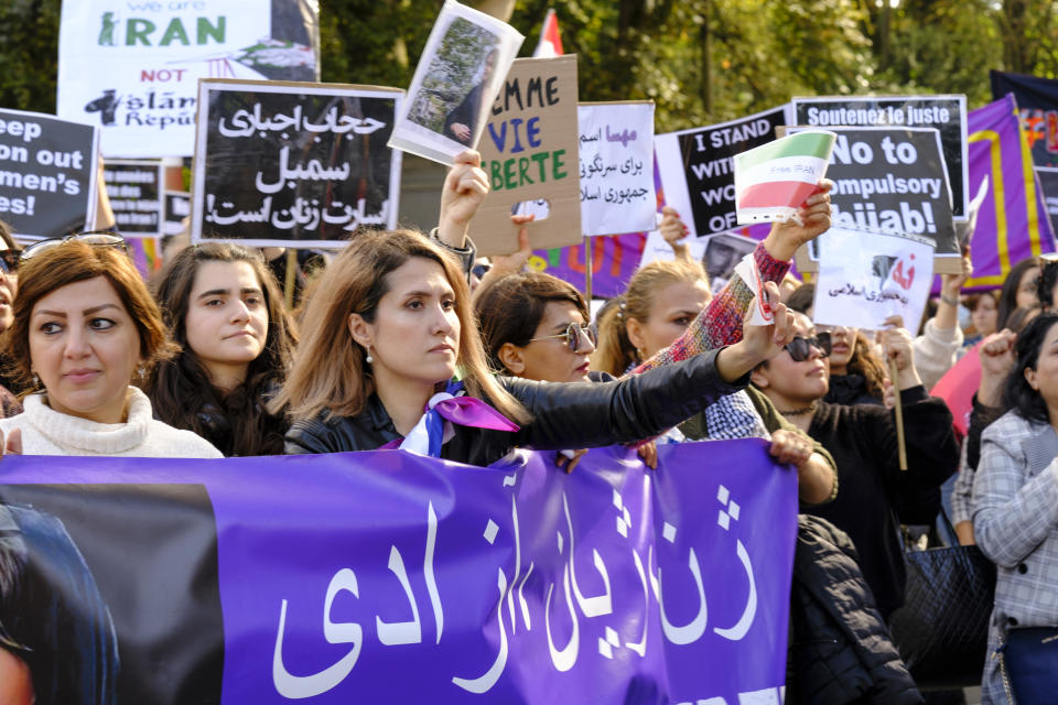 About 2,000 people marched through the streets of Brussels to protest against Iran in 2022 after the death of  Mahsa Amini.