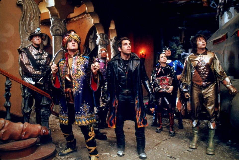 The Shoveler (William H. Macy, far left), The Blue Raja (Hank Azaria), Invisible Boy (Kel Mitchell), Mr. Furious (Ben Stiller), The Bowler (Janeane Garofalo), The Sphinx (Wes Studi) and The Spleen (Paul Reubens) prepare for battle in "Mystery Men."