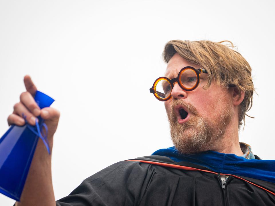 University of Texas Associate Professor of Anthropology Craig Campbell speaks to the crowd at a pro-Palestine protest on the UT lawn, Sunday, May 5, 2024 in Austin, Texas.