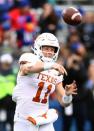 Nov 23, 2018; Lawrence, KS, USA; Texas Longhorns quarterback Sam Ehlinger (11) throws a pass against the Kansas Jayhawks in the first half at Memorial Stadium. Mandatory Credit: Jay Biggerstaff-USA TODAY Sports