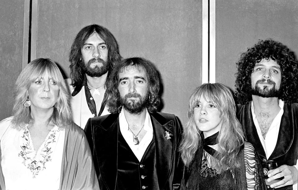 <span><span>Fleetwood Mac, (left to right) Christine McVie, Mick Fleetwood, John McVie, Stevie Nicks and <span class="caas-xray-inline-tooltip"><span class="caas-xray-inline caas-xray-entity caas-xray-pill rapid-nonanchor-lt" data-entity-id="Lindsey_Buckingham" data-ylk="cid:Lindsey_Buckingham;pos:3;elmt:wiki;sec:pill-inline-entity;elm:pill-inline-text;itc:1;cat:Musician;" tabindex="0" aria-haspopup="dialog"><a href="https://search.yahoo.com/search?p=Lindsey%20Buckingham" data-i13n="cid:Lindsey_Buckingham;pos:3;elmt:wiki;sec:pill-inline-entity;elm:pill-inline-text;itc:1;cat:Musician;" tabindex="-1" data-ylk="slk:Lindsey Buckingham;cid:Lindsey_Buckingham;pos:3;elmt:wiki;sec:pill-inline-entity;elm:pill-inline-text;itc:1;cat:Musician;" class="link ">Lindsey Buckingham</a></span></span>, 1976</span><span>Andre Csillag/Shutterstock</span></span>