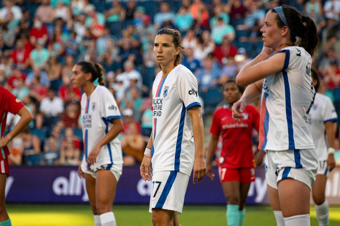 OL Reign forward and USWNT star Tobin Heath subbed in late against the KC Current during Sunday evening’s match at Children’s Mercy Park in Kansas City, Kansas.