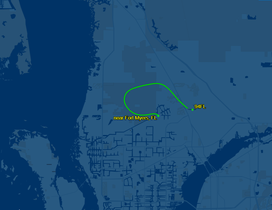 Flight path, courtesy of FlightAware (flightaware.com), from North Fort Myers of plane making emergency landing in Cape Coral on Feb. 24, 2024.